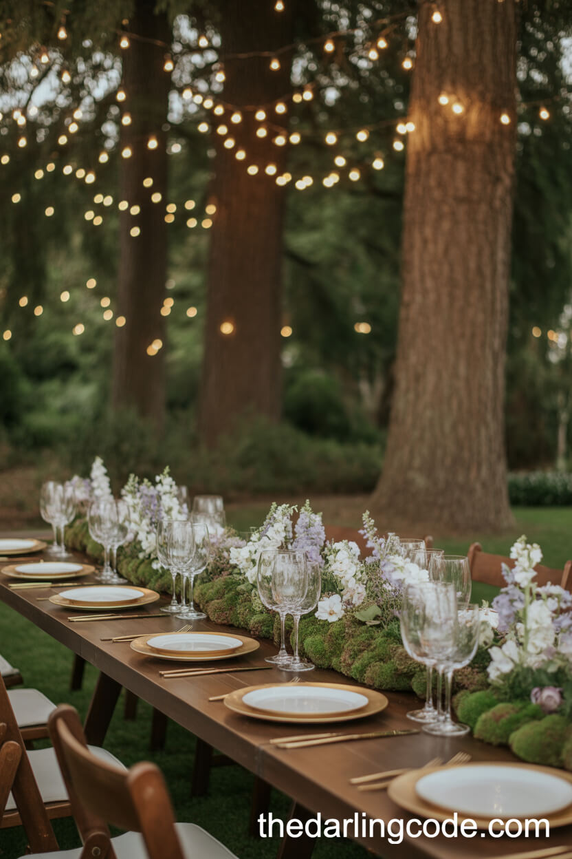 Enchanted Forest Dinner Table With Fairy Lights And Moss Runner