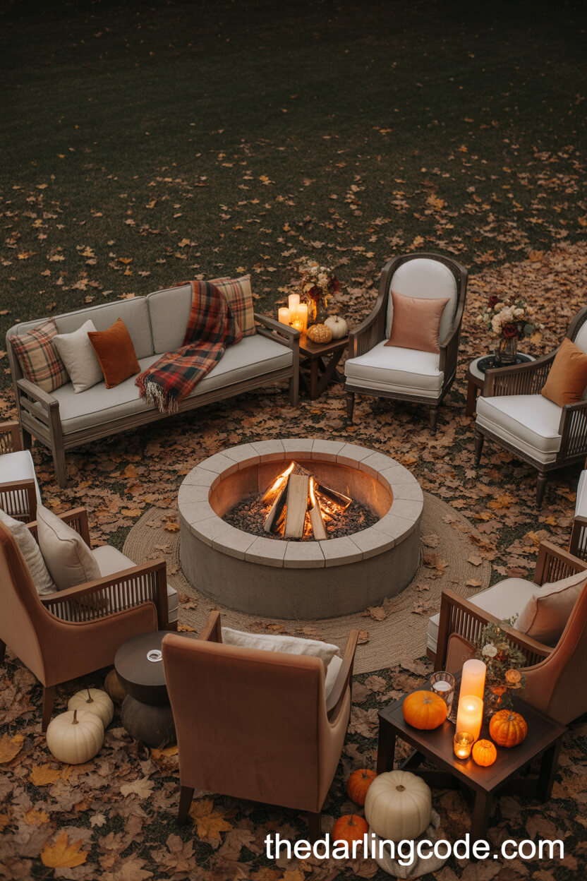 Cozy Backyard Fire Pit Lounge With Velvet Chairs And Fall Decor