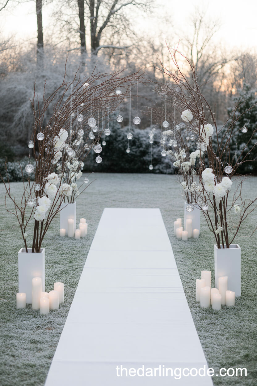 Stunning Winter Ceremony Aisle With Crystals, Candles, And White Florals