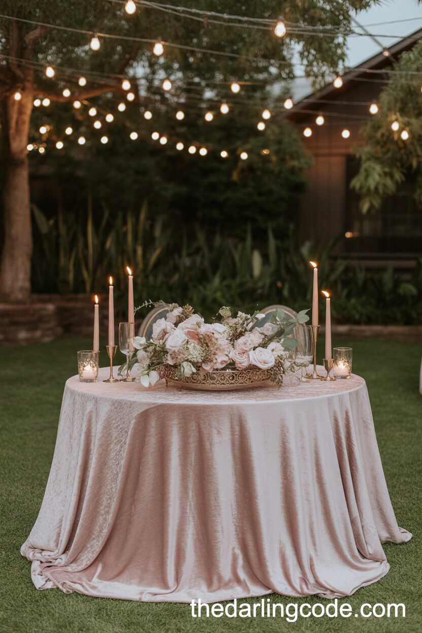 Intimate Sweetheart Table Draped In Velvet And Surrounded By Candles