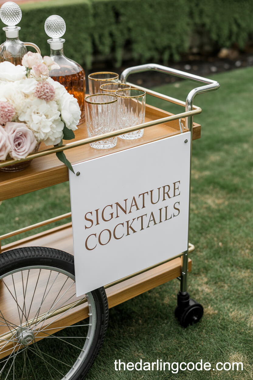Chic Mobile Bar Cart With Signature Cocktails And Lush Flowers