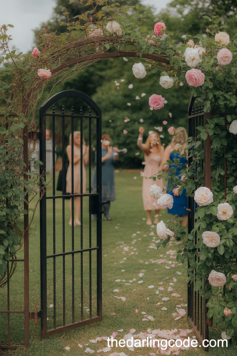 Romantic Rose-Covered Garden Gates With Pathway Of Petals