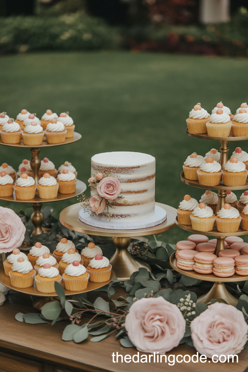 Elegant Dessert Table With Floral Cake And Gourmet Sweets Display