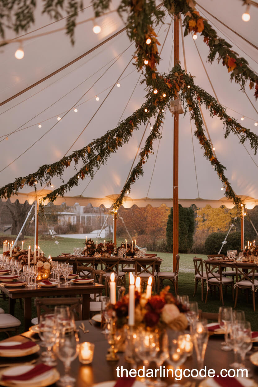 Opulent Fall Tent Reception With Warm Lighting And Foliage Decor