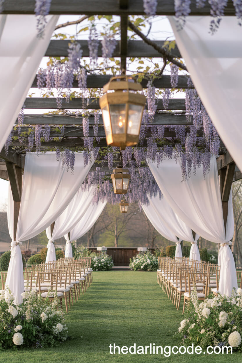 Blooming Pergola Ceremony With Cascading Wisteria And Gold Lanterns