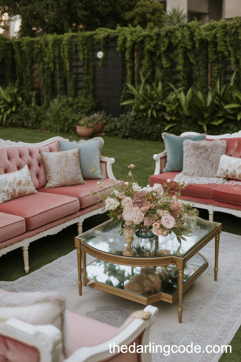 Boho-Inspired Outdoor Lounge With Velvet Seating And Floral Accents