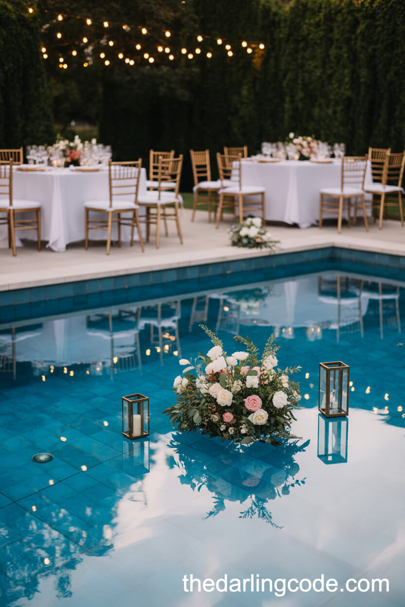Glamorous Poolside Wedding Setup With Floating Florals And Lanterns