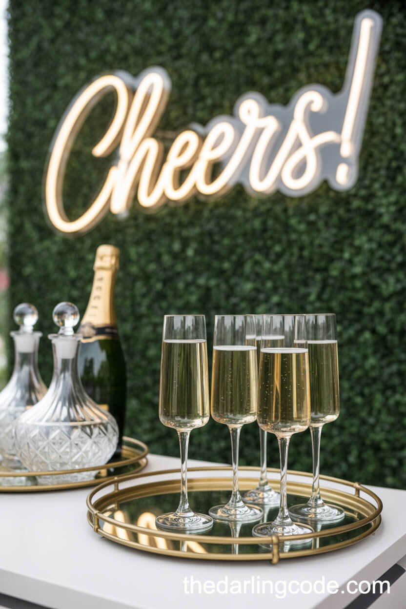 Elegant Outdoor Champagne Bar With Neon Cheers Sign