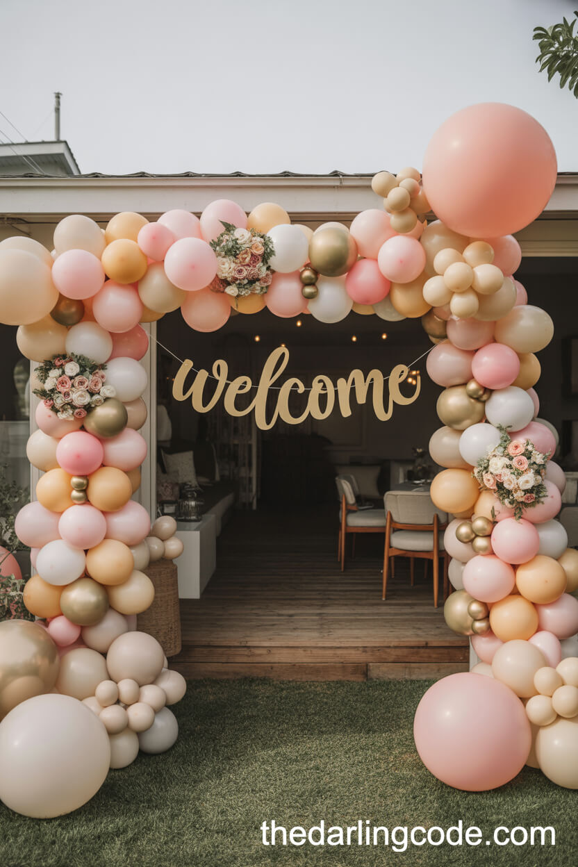 Pastel Balloon Arch Entrance With Gold Calligraphy Welcome Sign