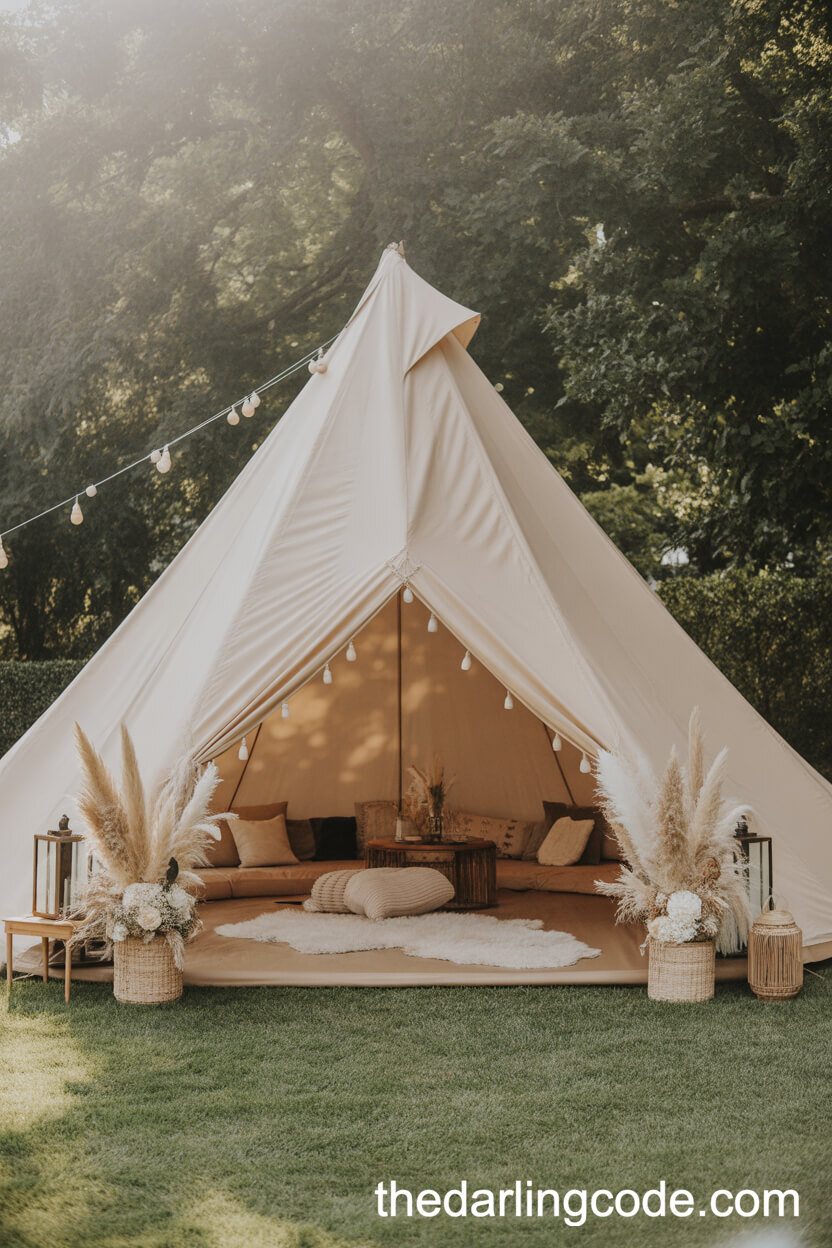 Ivory Boho Tipi Tent Lounge With Rugs Lanterns And Pampas Grass