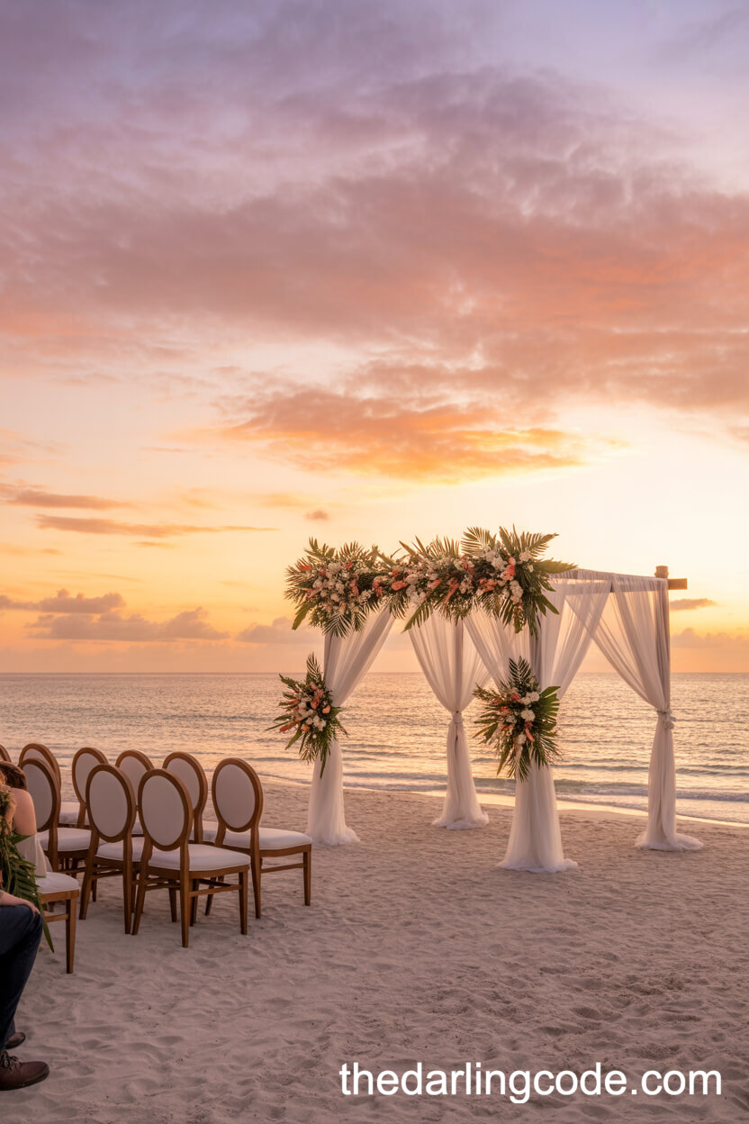 Sunset Beach Ceremony With Elegant Wooden Arch