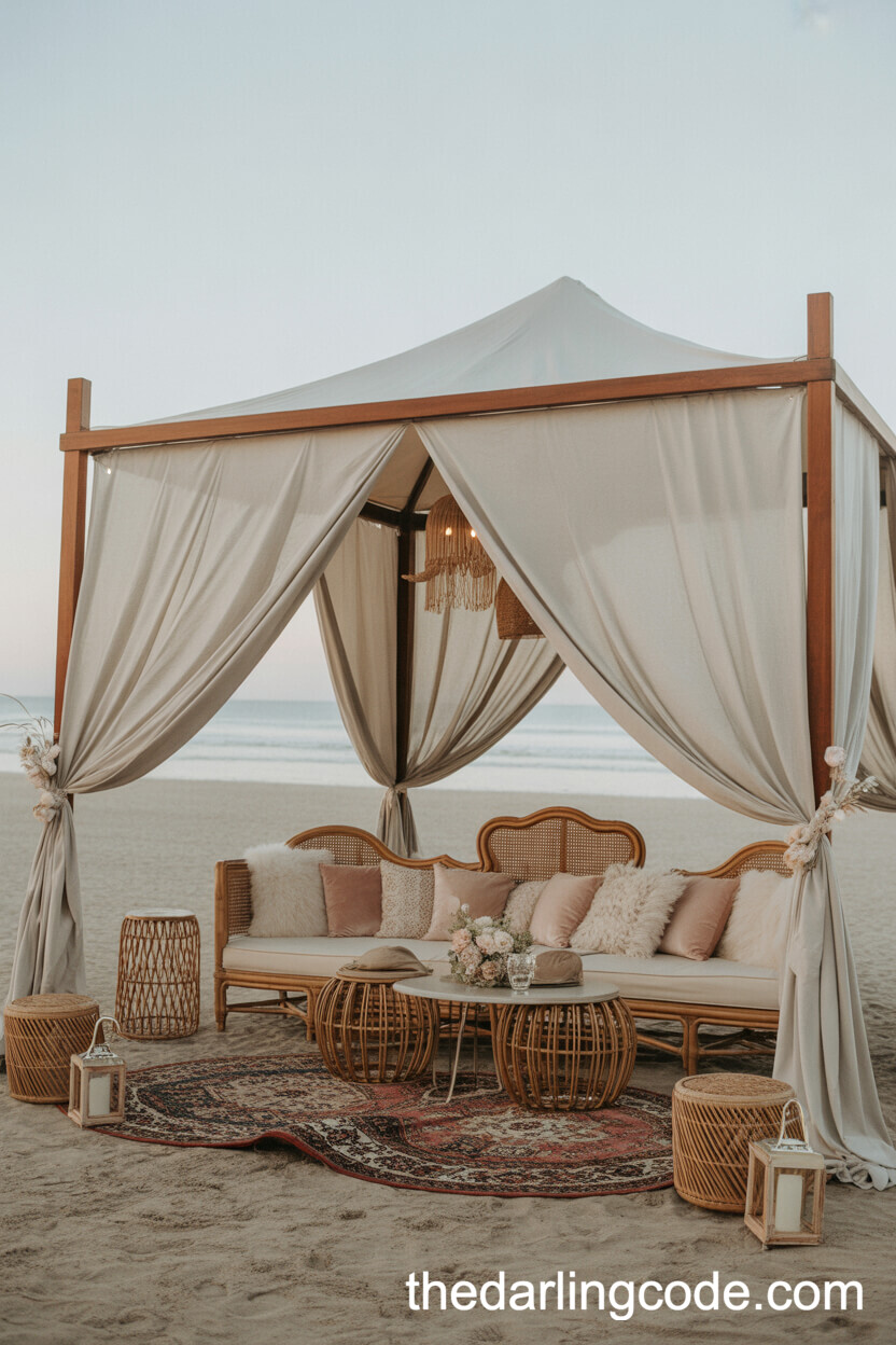 Bohemian Lounge Area With Rattan Furniture And Lanterns