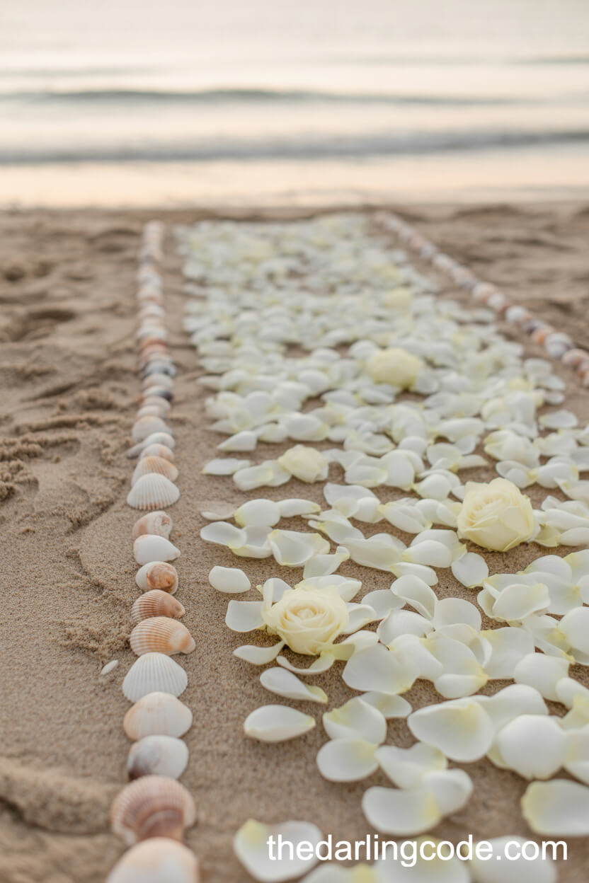 Seashell-Lined Wedding Aisle With Rose Petals