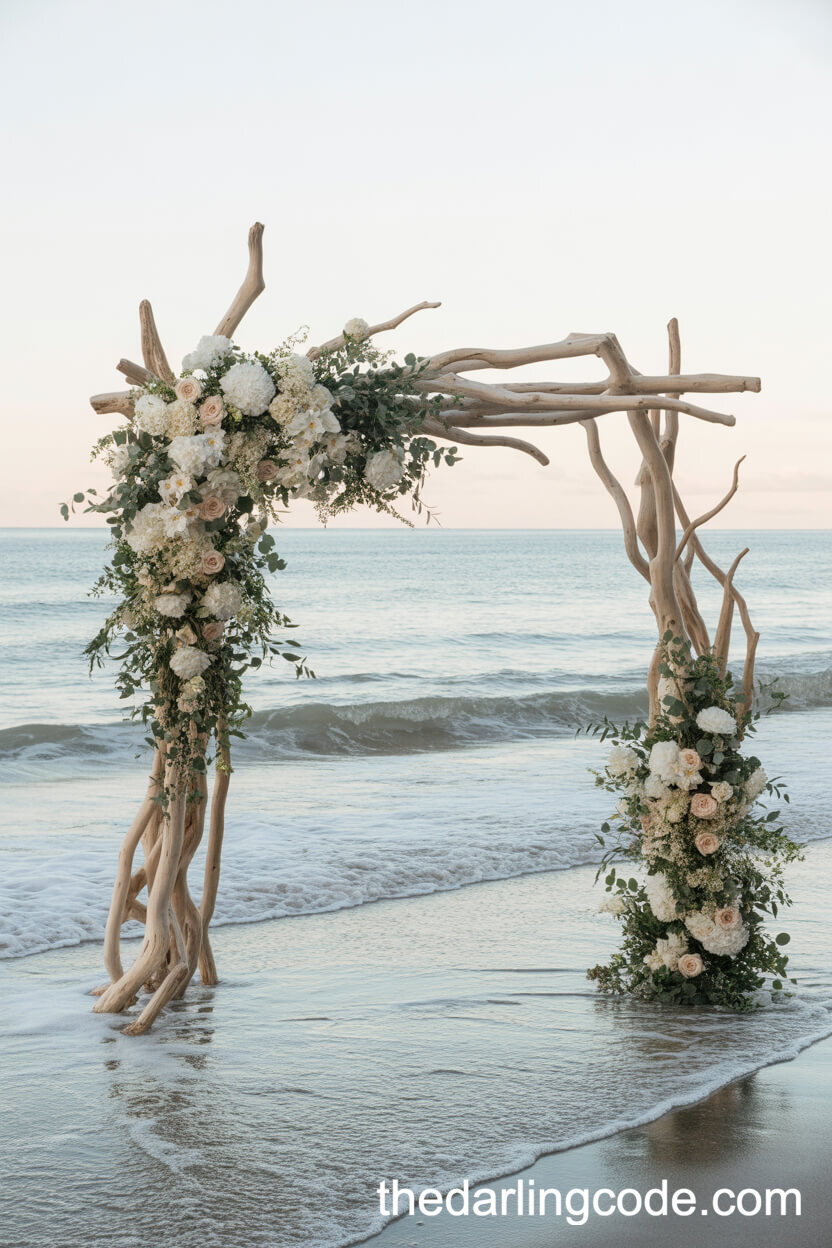 Driftwood Floral Arch At The Edge Of The Ocean