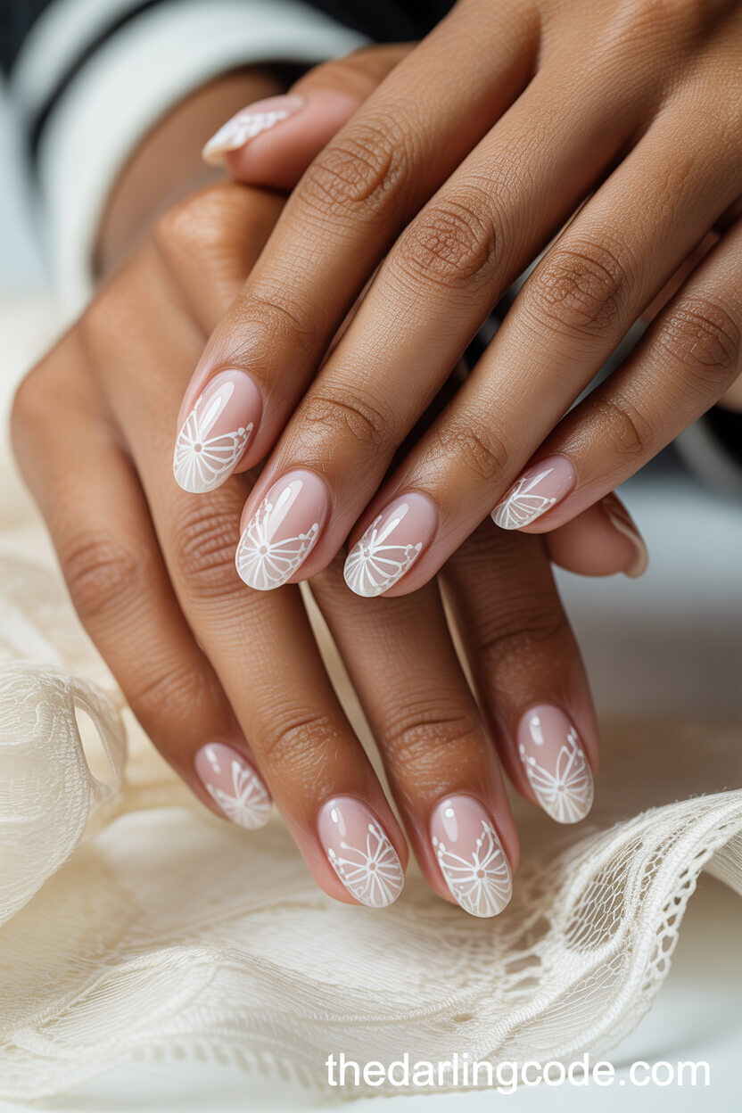 White Lace Art Oval Nails