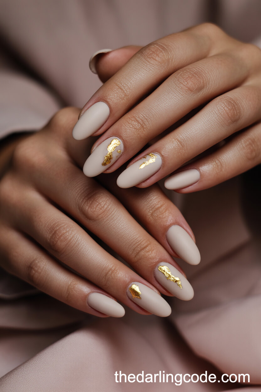 Matte Nude Almond Nails With Gold Foil