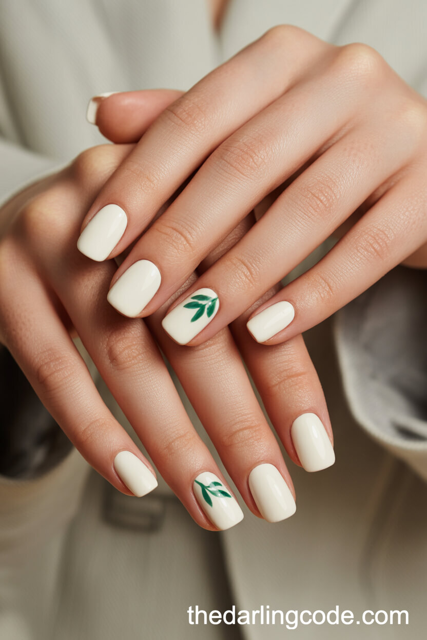 Ivory Square Nails With Leaf Accent