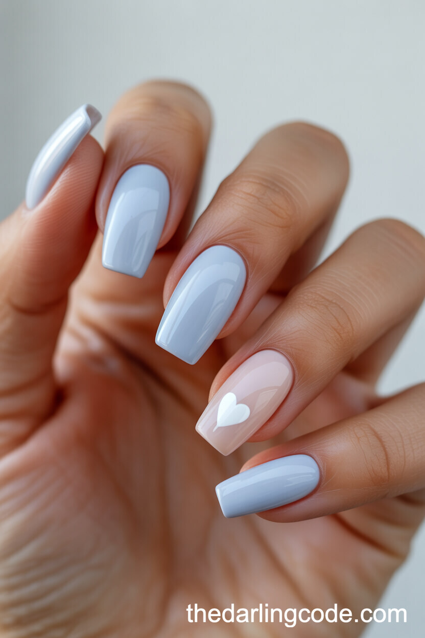 Pastel Blue Coffin Nails With Heart Accent