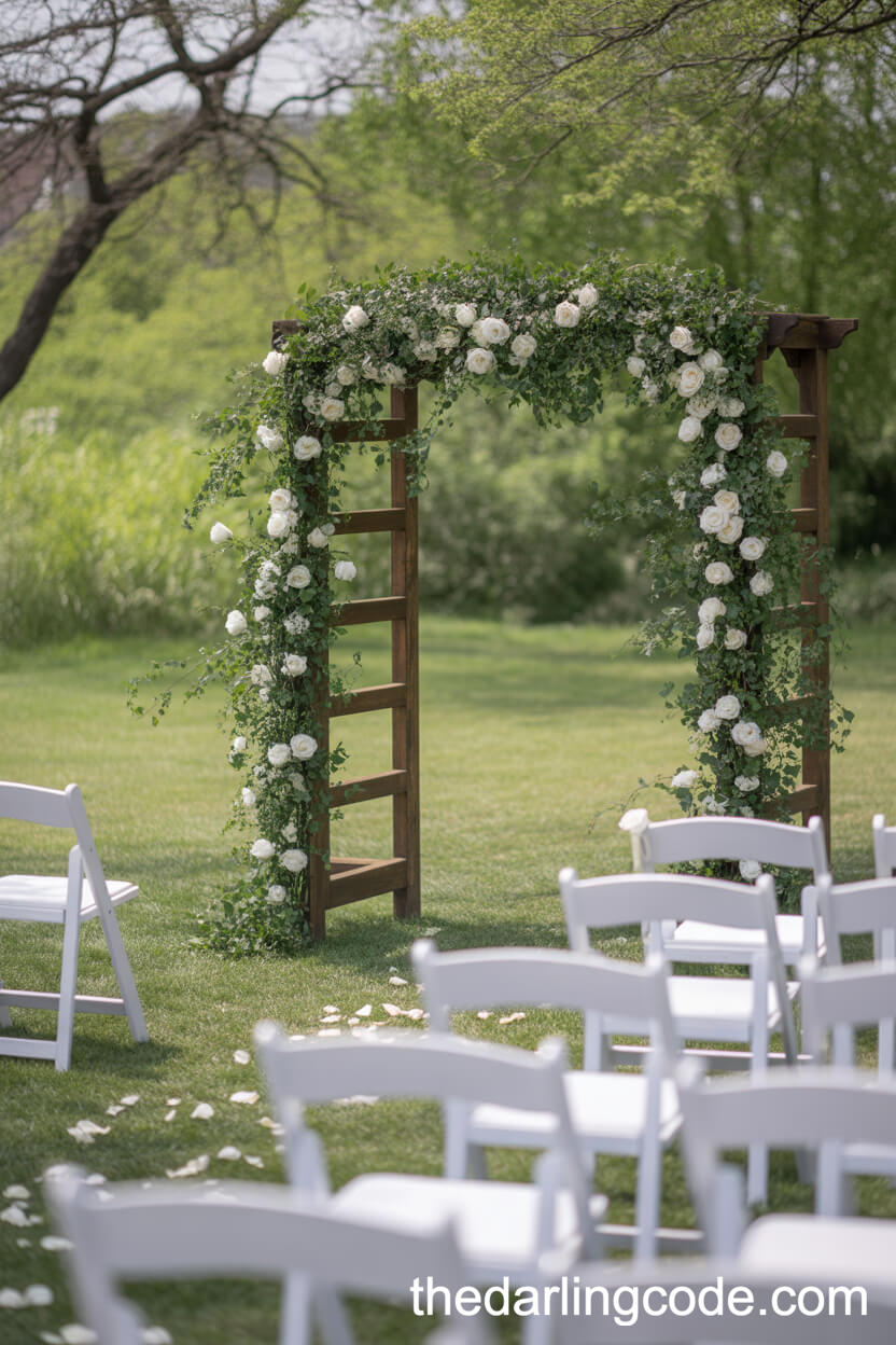 Classic Wooden Wedding Arch With White Roses And Ivy