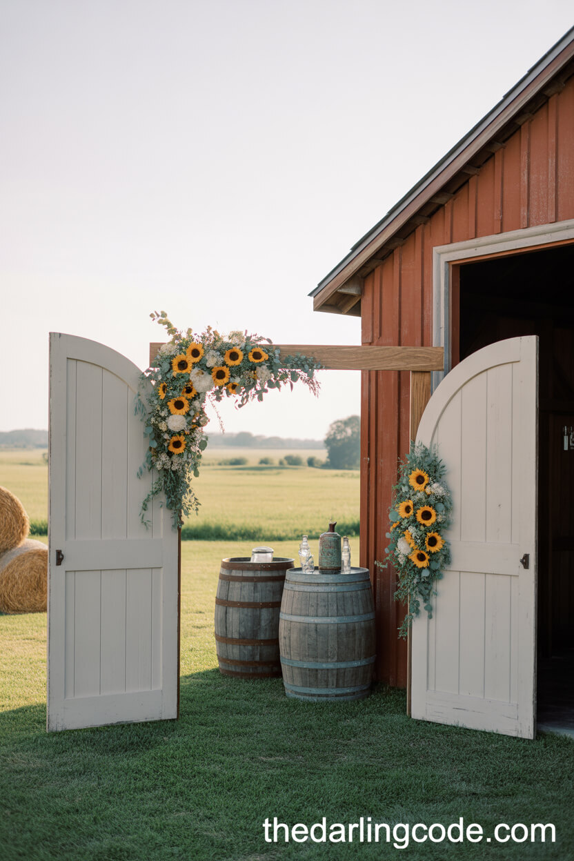 Rustic Barn Door Arch With Sunflowers