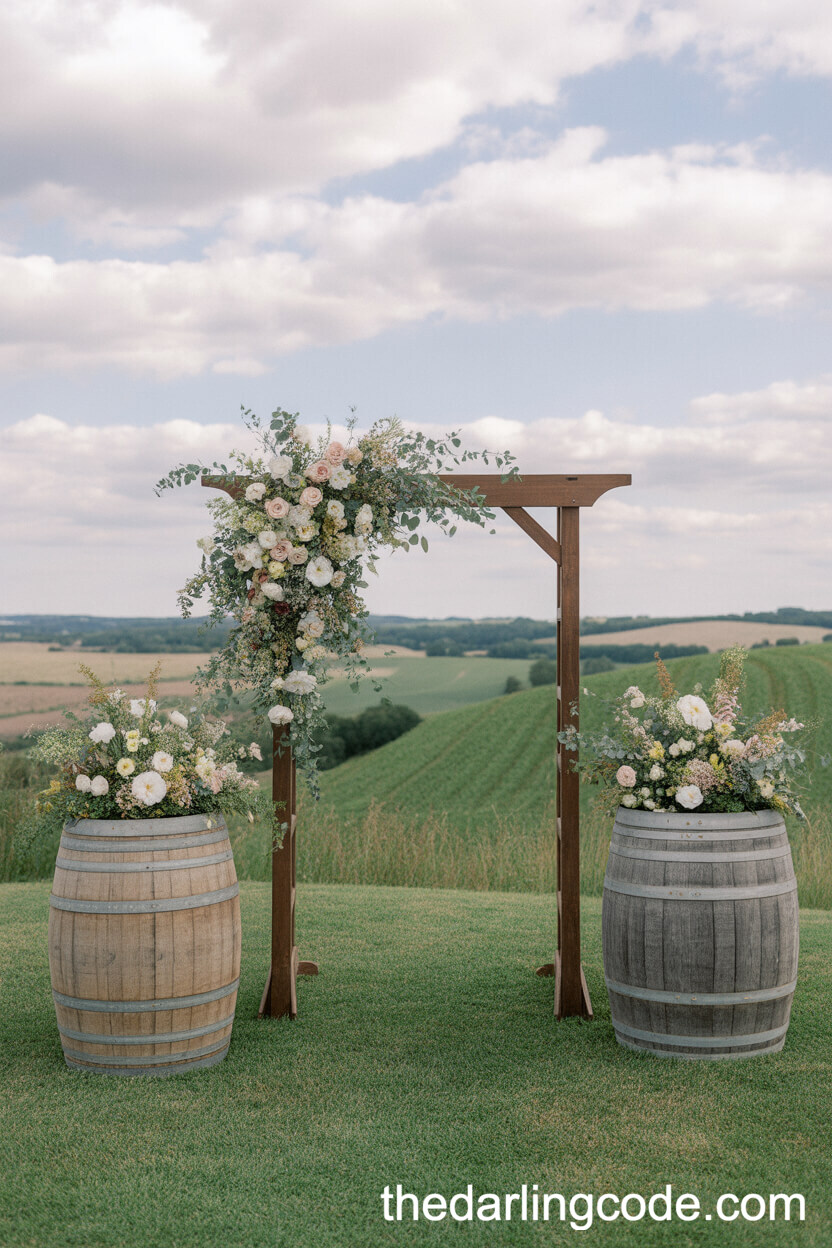 Wooden Arch With Garden Blooms And Wine Barrel Accents