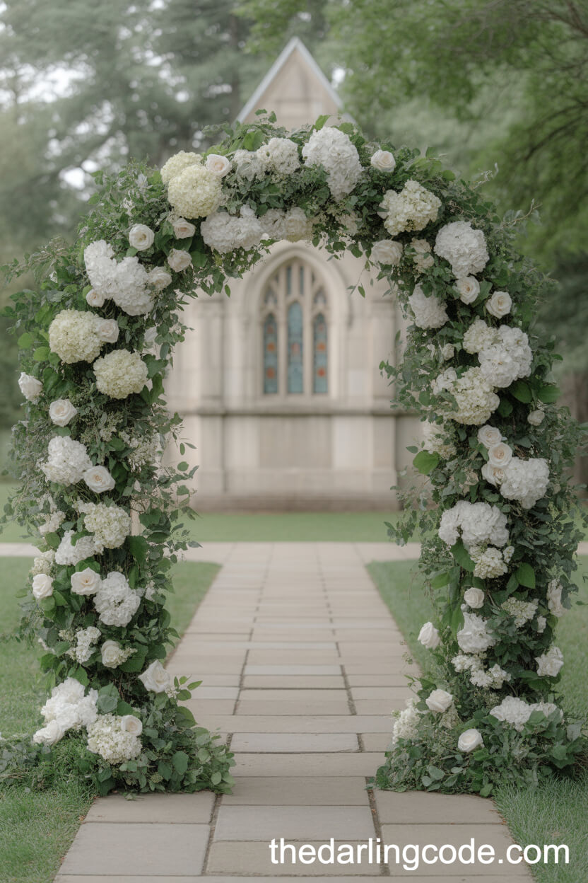 Chapel Garden Arch With White Hydrangeas And Roses