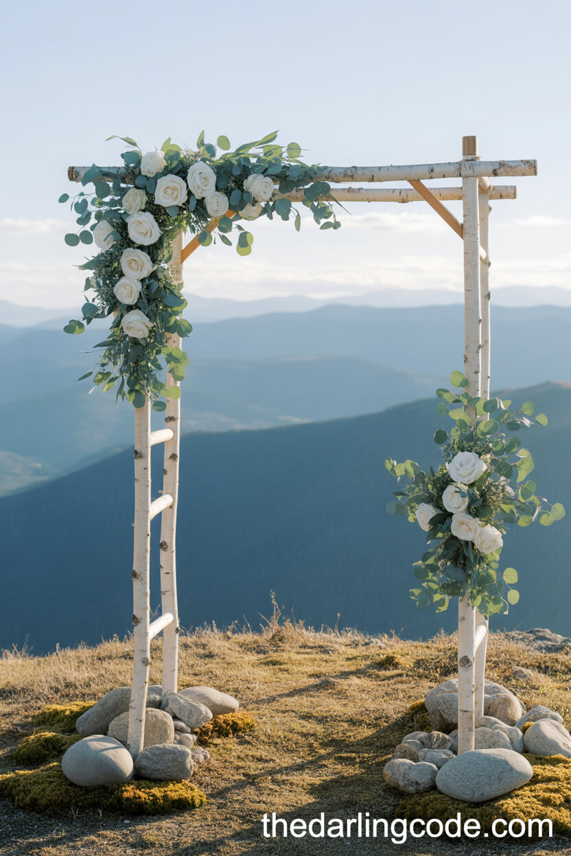 Birch Arch With Eucalyptus On A Mountain View