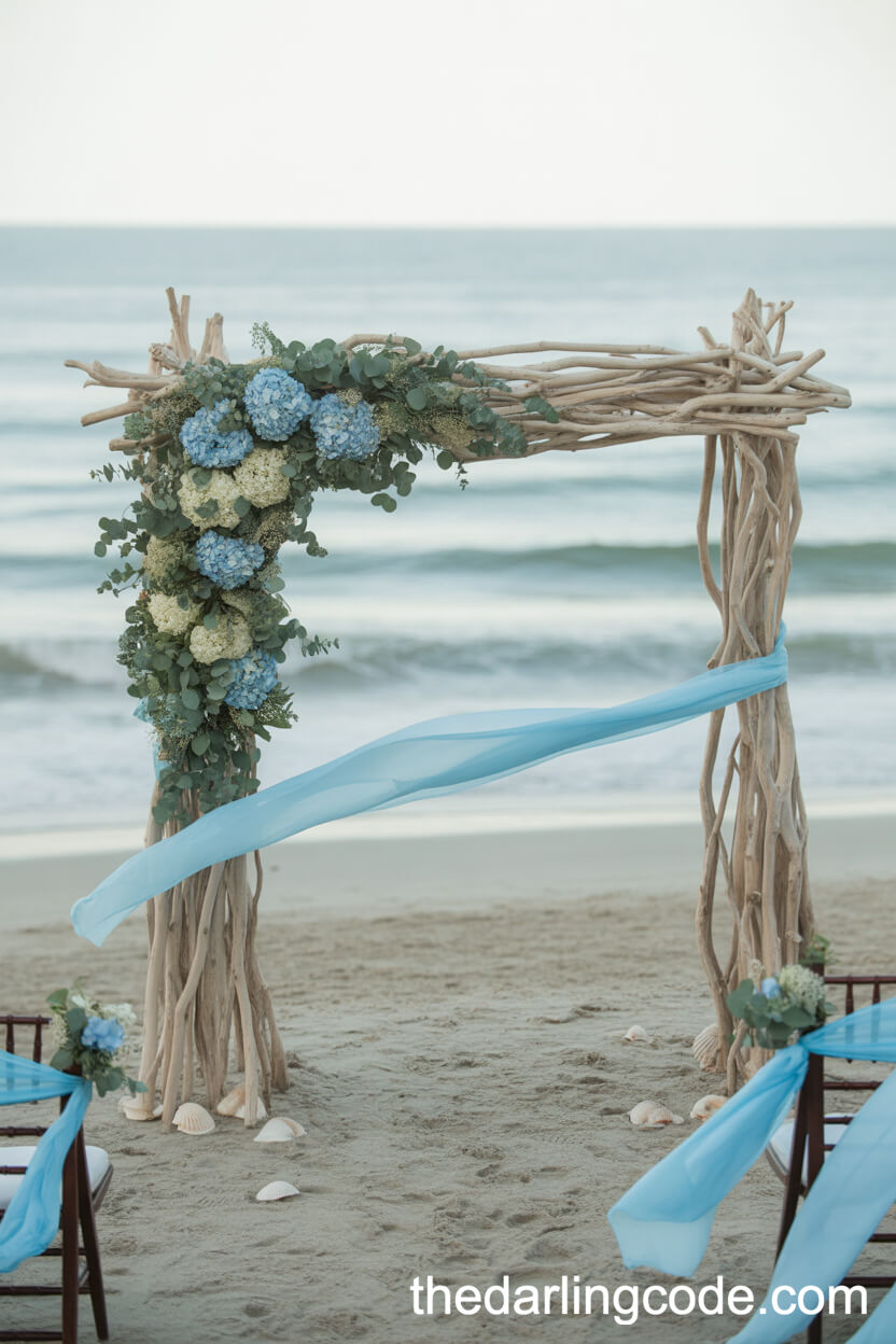 Driftwood Beach Arch With Eucalyptus And Hydrangeas