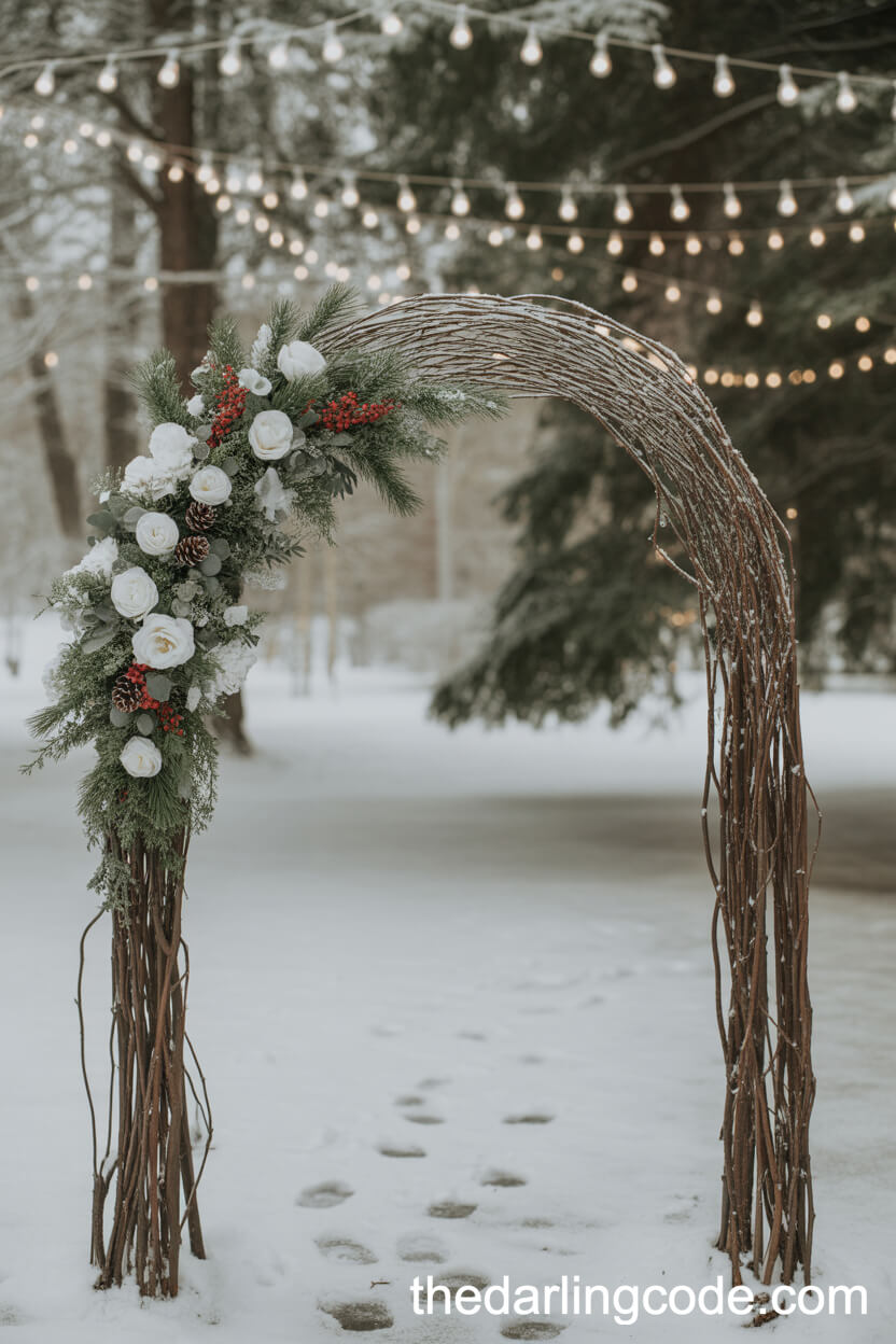 Pine And Snow Winter Arch With String Lights
