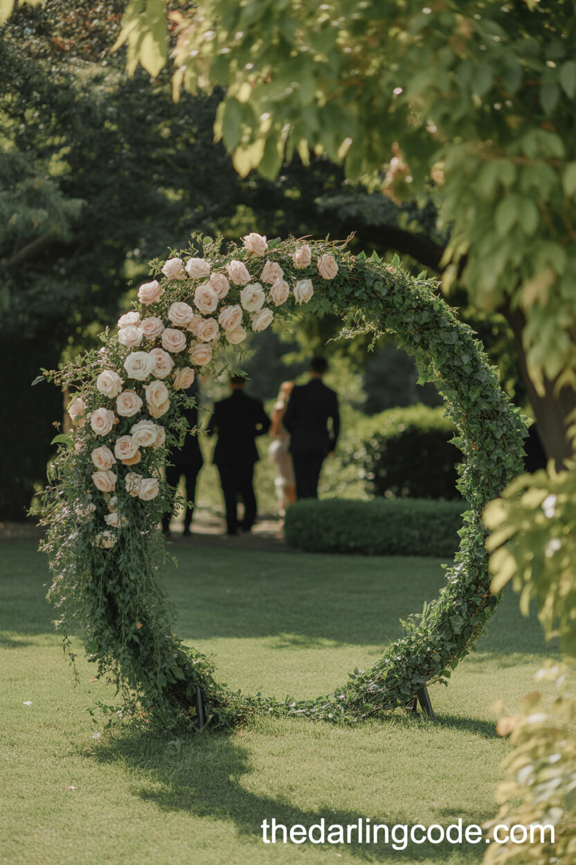 Circular Moon Gate Arch With Ivy And Roses