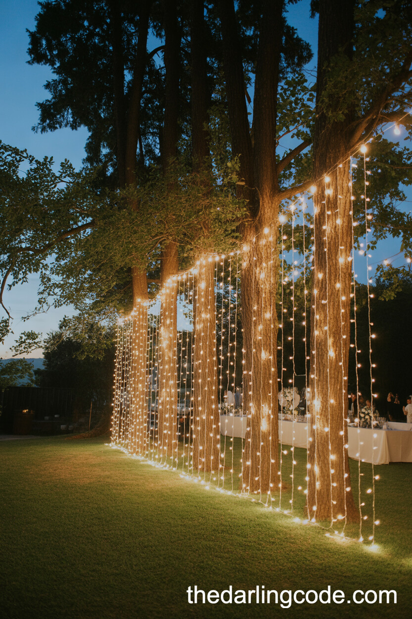 Cascading Fairy Light Wall Among Tall Trees