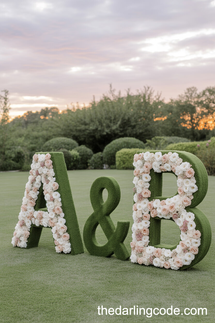 Oversized Floral Initials As A Garden Backdrop