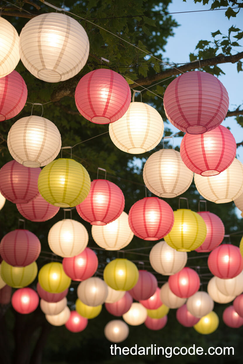 Whimsical Paper Lantern Cluster In A Garden