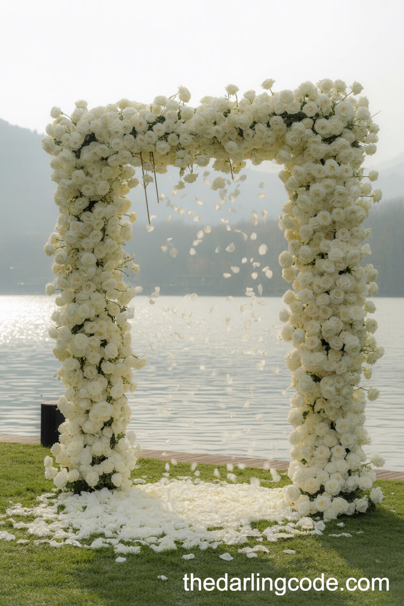 Cascading White Rose “Waterfall” Frame By The Lake