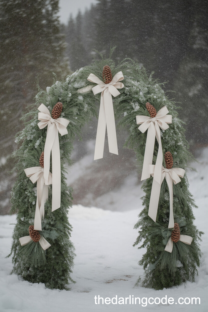 Pine Bough And Pine Cone Arch For A Winter Mountain Wedding