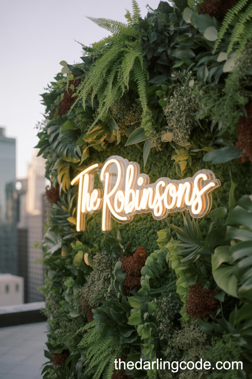 Living Fern Wall With Neon Sign On A City Rooftop
