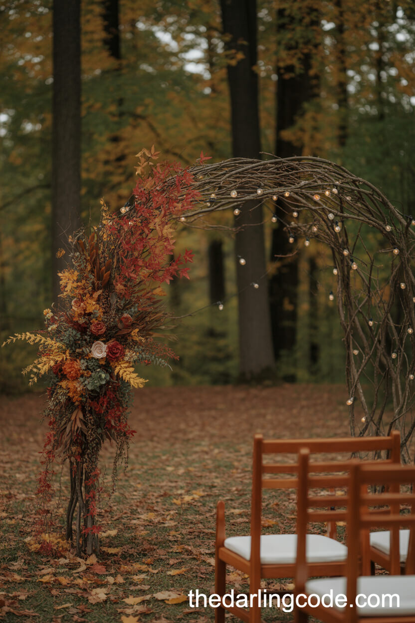Autumn Branch Half-Arch With Fall Foliage And Fairy Lights