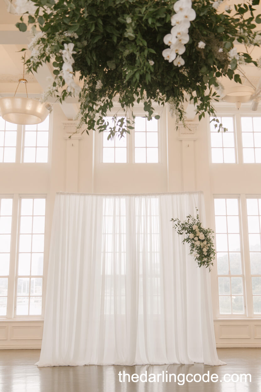 White Chiffon Draped Backdrop With Hanging Greenery