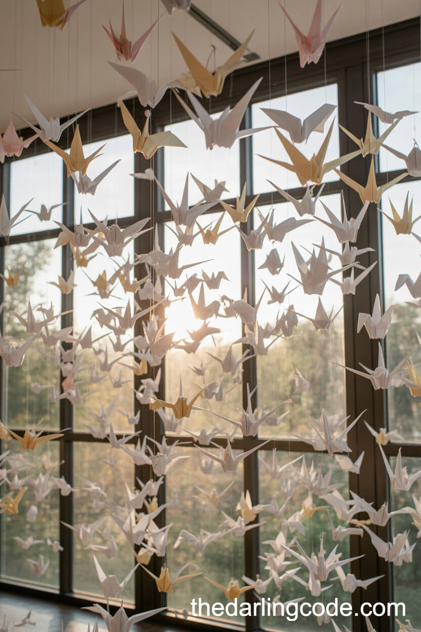 Origami Crane Installation In Front Of Picture Windows