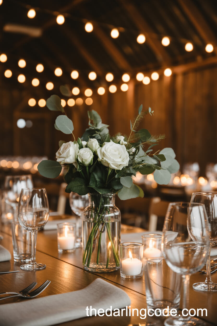 White Roses and Eucalyptus in a Glass Vase Centerpiece