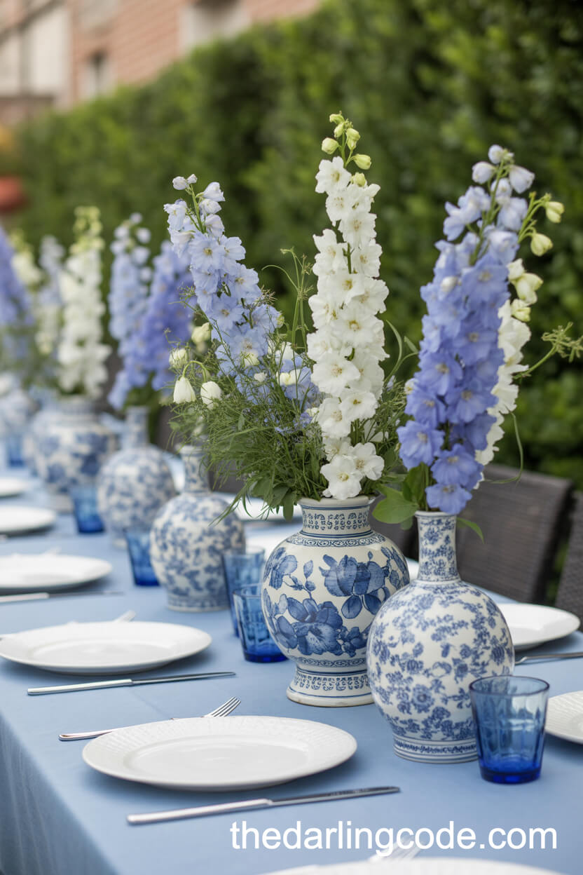 Blue and White Porcelain Vases with Delphiniums Centerpiece