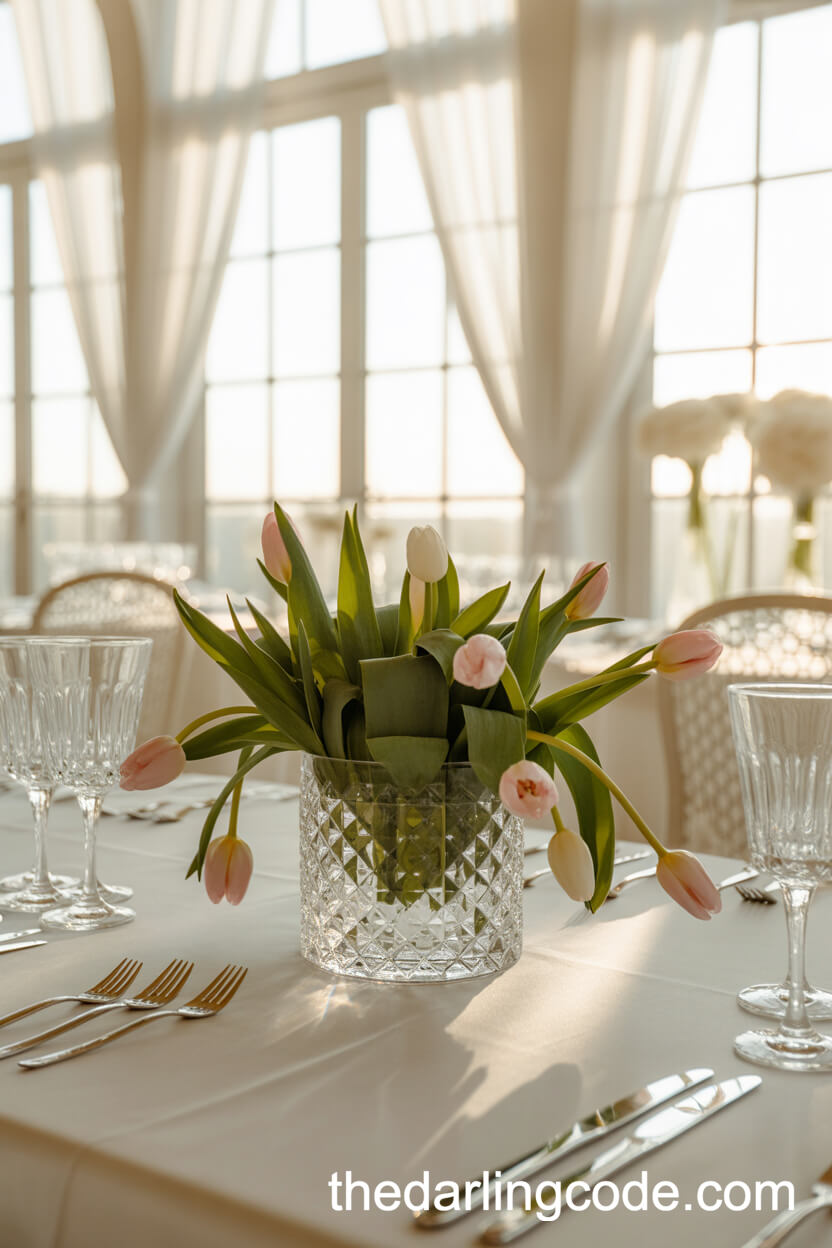 Crystal Vase with Pastel Tulips Centerpiece