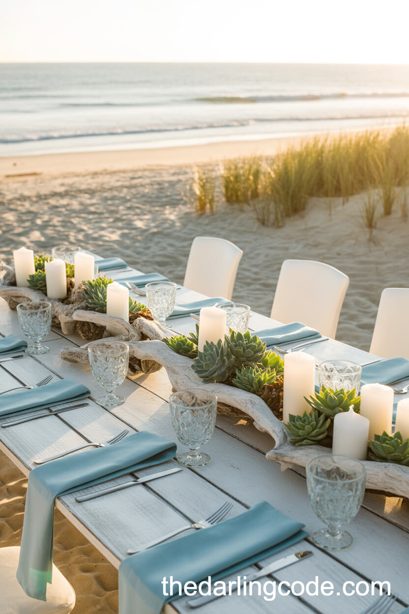 Driftwood Adorned with Succulents and Candles Centerpiece