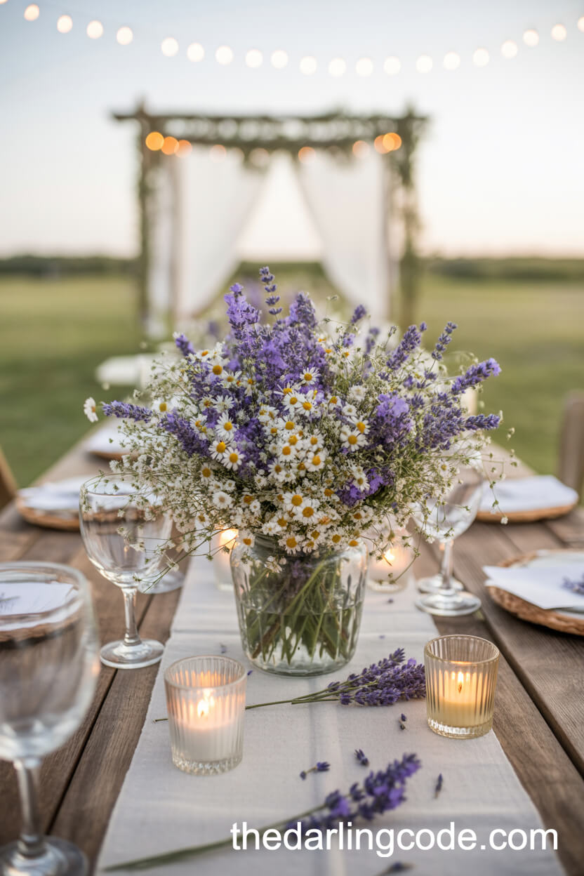 Purple Lavender and Wildflowers in Clear Vase Centerpiece