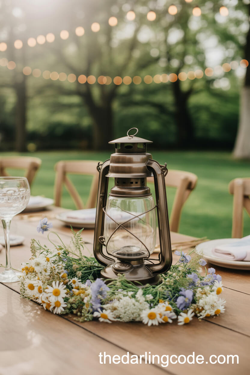 Vintage Lantern Surrounded by Wildflowers Centerpiece