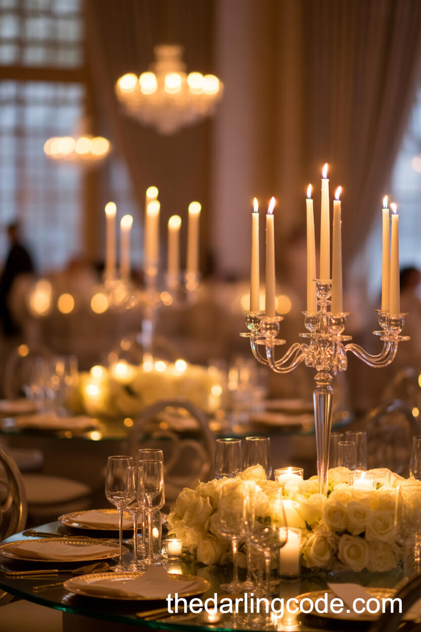Tall Crystal Candelabra with Roses and Greenery Centerpiece