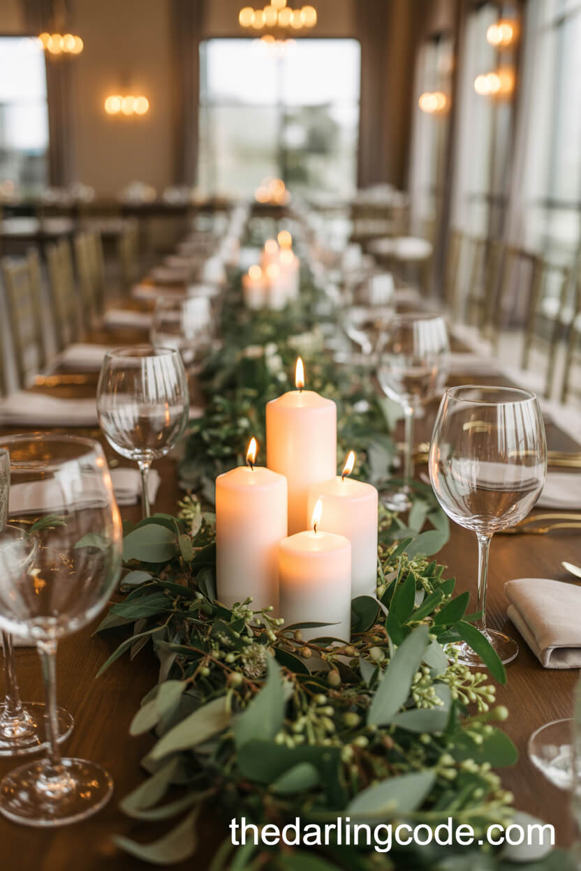 Trio of Pillar Candles with Greenery Runner Centerpiece