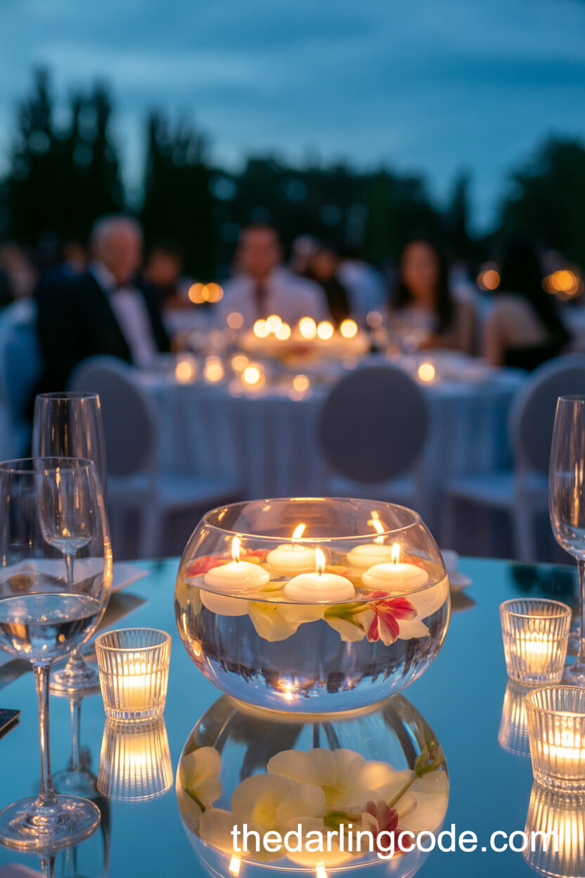 Floating Candles and Flower Petals in Glass Bowl Centerpiece