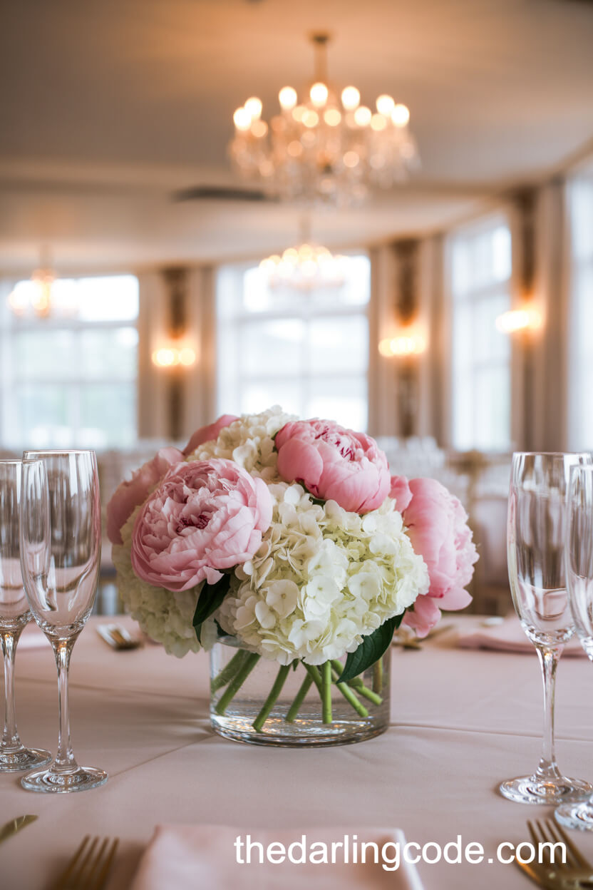 Low Bouquet of Pink Peonies and White Hydrangeas Centerpiece