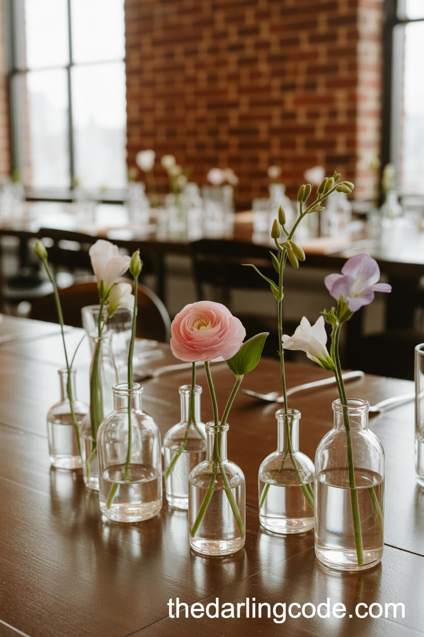 Tiny Glass Bud Vases with Delicate Single Flowers Centerpiece